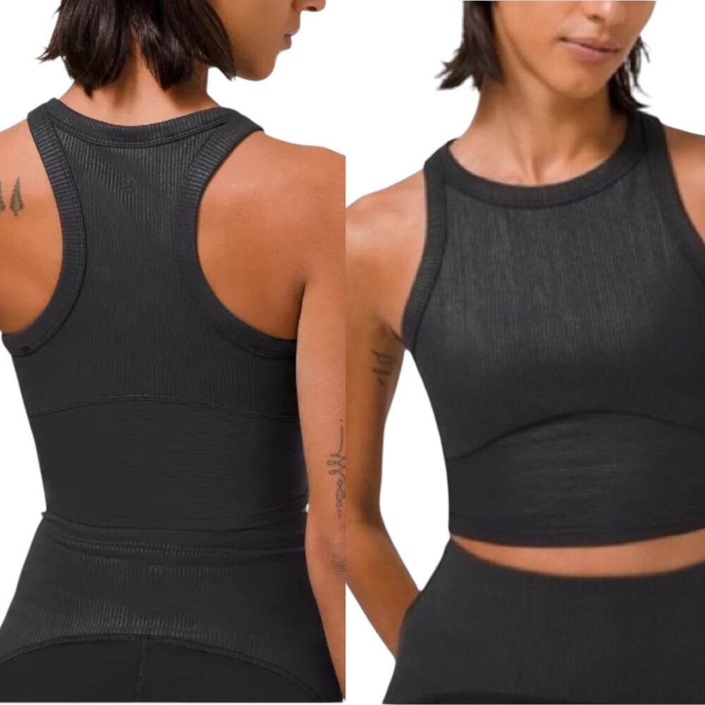 EUC Lululemon Blissful Bend Black Ribbed Padded Cropped Fitted Tank Top Size 4